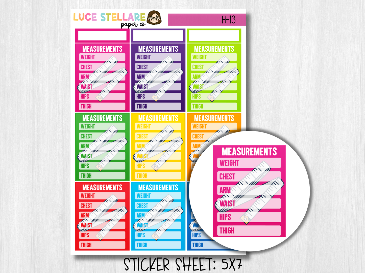 Body Measurements Full Box Planner Stickers / H-13