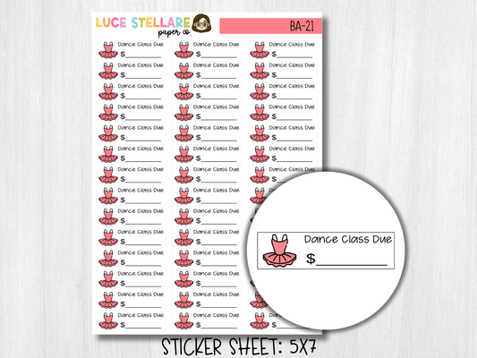 Dance Class Bill Due Planner Stickers / BA-21