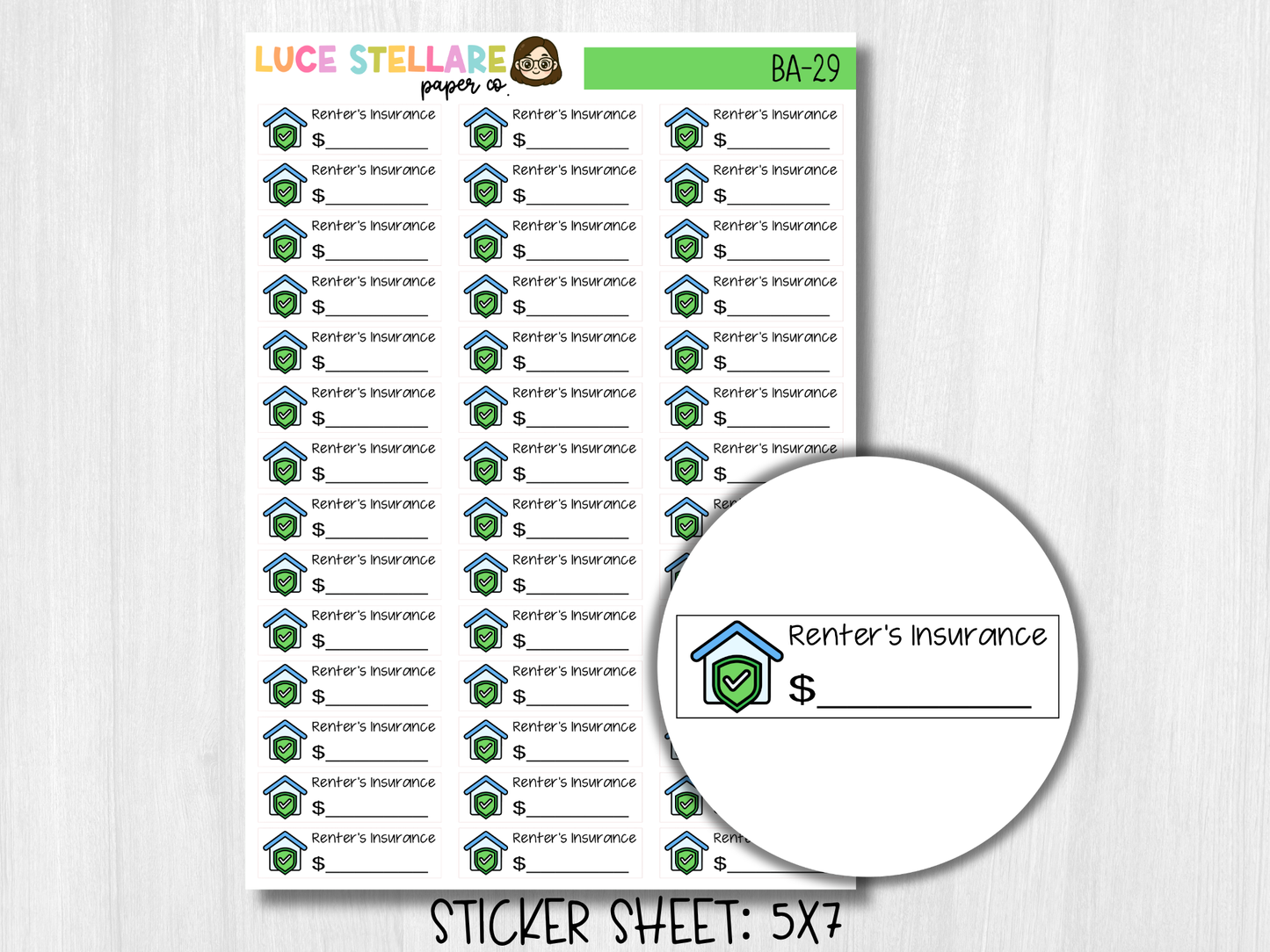 Renter's Insurance Bill Due Planner Stickers / BA-29