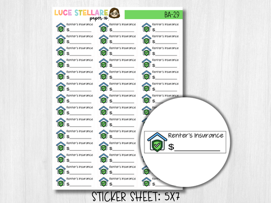 Renter's Insurance Bill Due Planner Stickers / BA-29